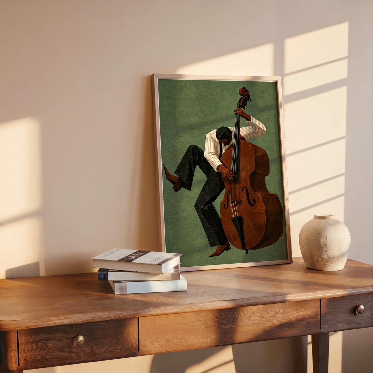 Jazz Bassist Wall Art, Modern Mid Century Musician Print, Retro African American Poster, Afrocentric Painting, Black Culture Soul Music