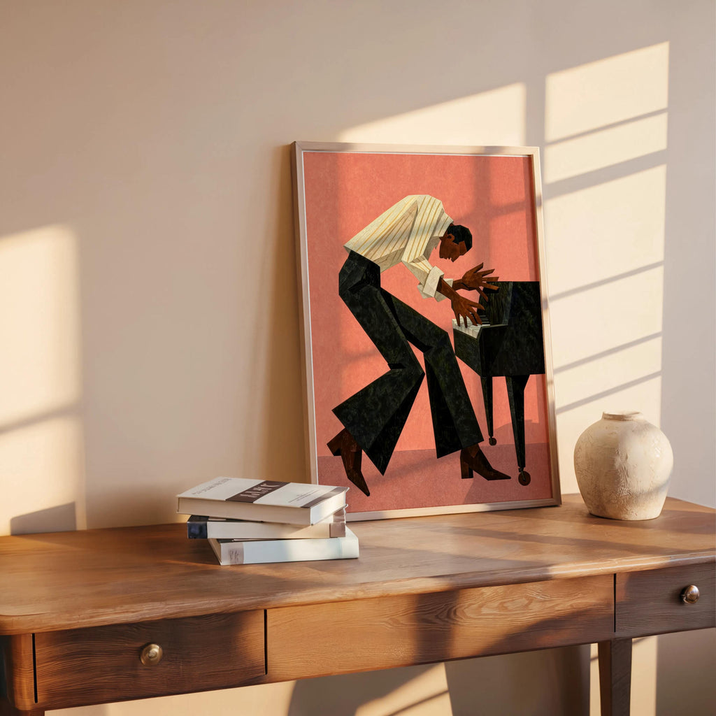 Retro Pianist Jazz Wall Art, Abstract Mid Century Musician Print, Vintage Afrocentric Soul Illustration, Modern Black Man Culture Cubism