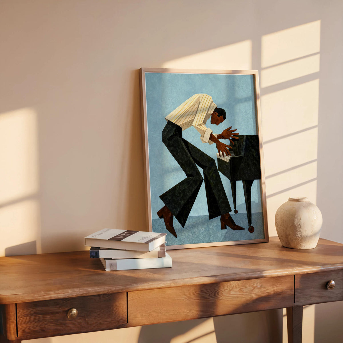 Retro Pianist Jazz Wall Art, Abstract Mid Century Musician Print, Vintage Afrocentric Soul Illustration, Modern Black Man Culture Cubism