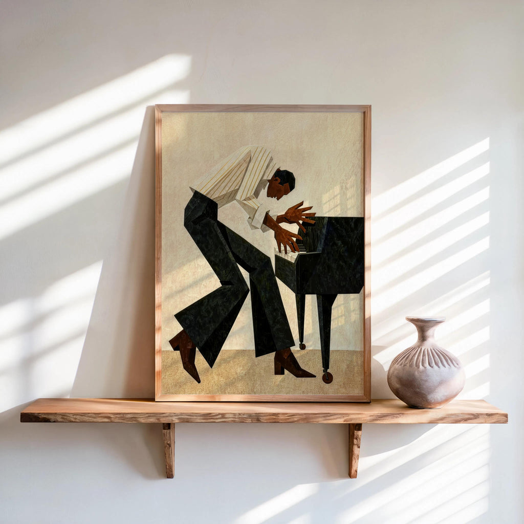 Retro Pianist Jazz Wall Art, Abstract Mid Century Musician Print, Vintage Afrocentric Soul Illustration, Modern Black Man Culture Cubism