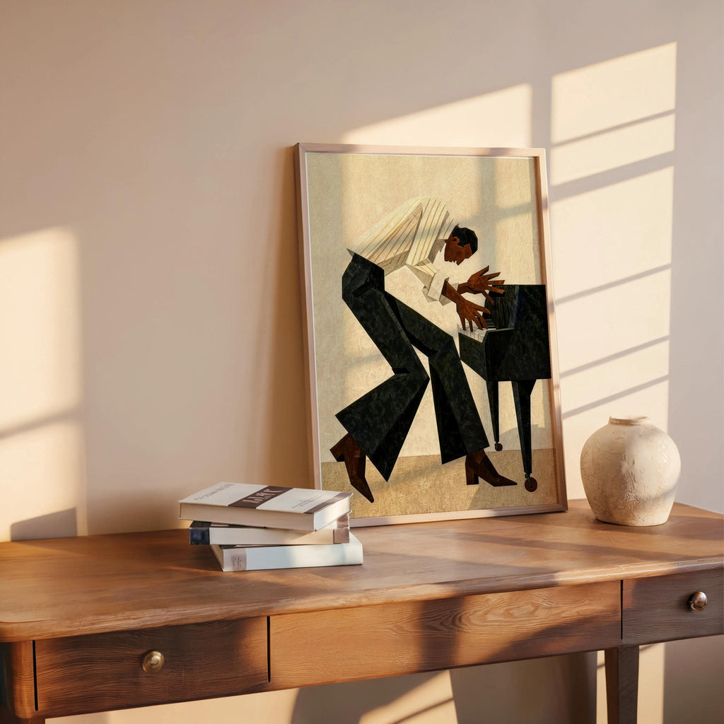 Retro Pianist Jazz Wall Art, Abstract Mid Century Musician Print, Vintage Afrocentric Soul Illustration, Modern Black Man Culture Cubism