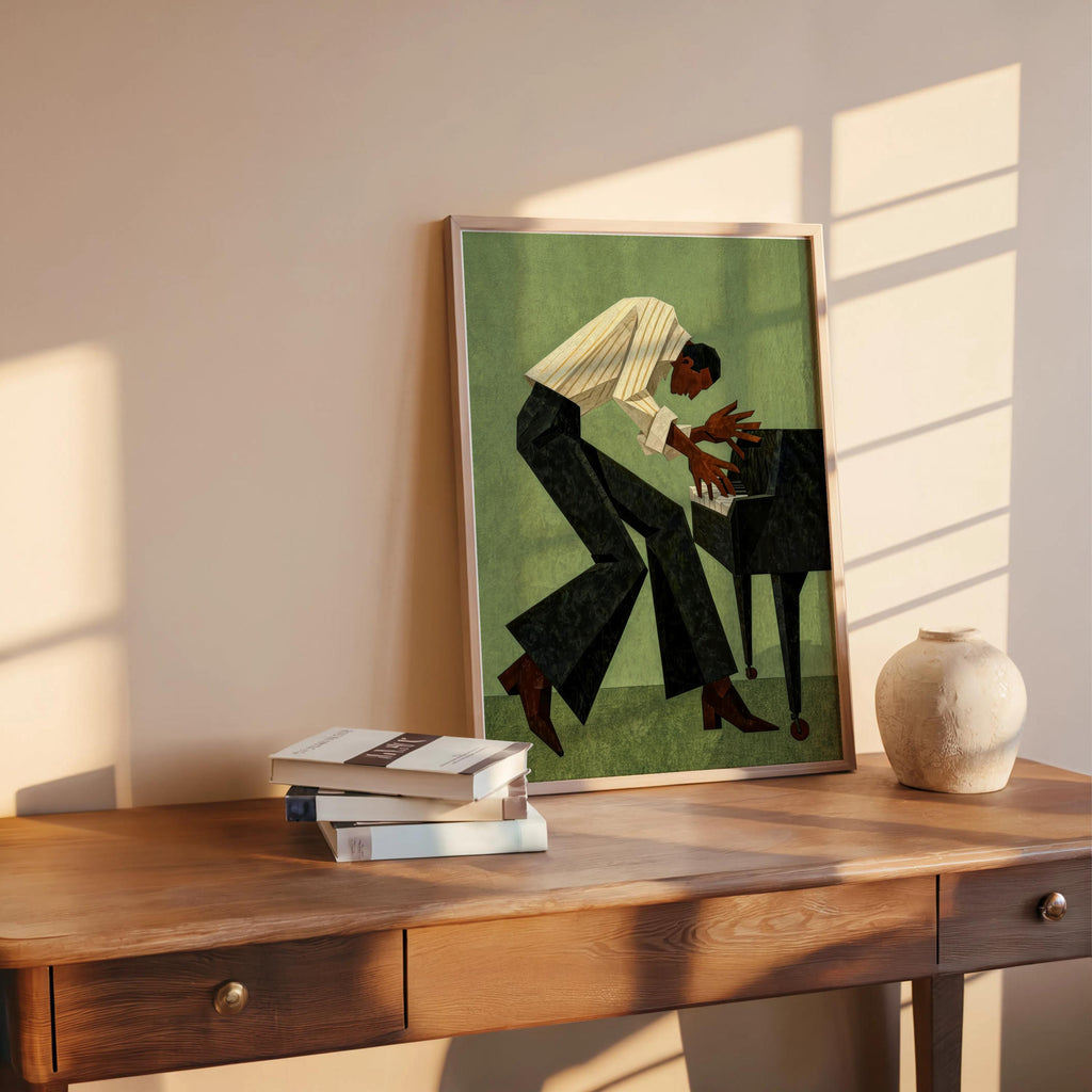 Retro Pianist Jazz Wall Art, Abstract Mid Century Musician Print, Vintage Afrocentric Soul Illustration, Modern Black Man Culture Cubism