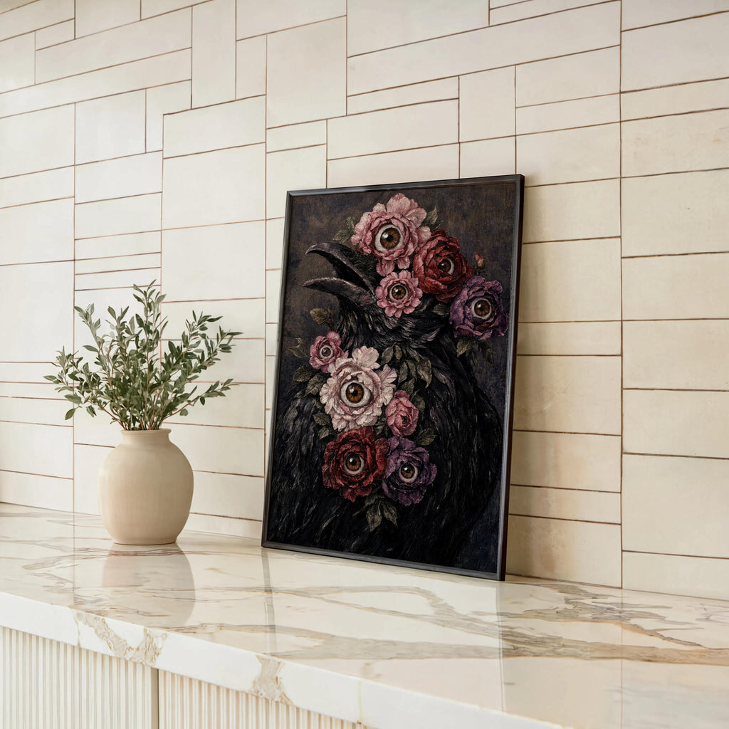 Surreal raven art print standing on a white tiled counter beside a plant, dark academia art atmosphere