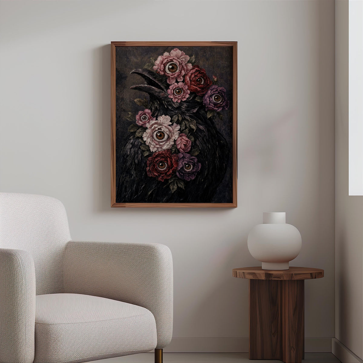 Framed surreal raven art print on a neutral wall above a side table, gothic raven print for living space