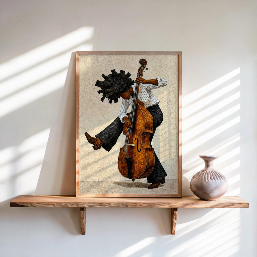 Afrocentric Jazz Bassist Art Print, Black Culture Bass Musician Wall Decor, Modern Mid Century Soul Music Poster, Retro Afro Hair Painting