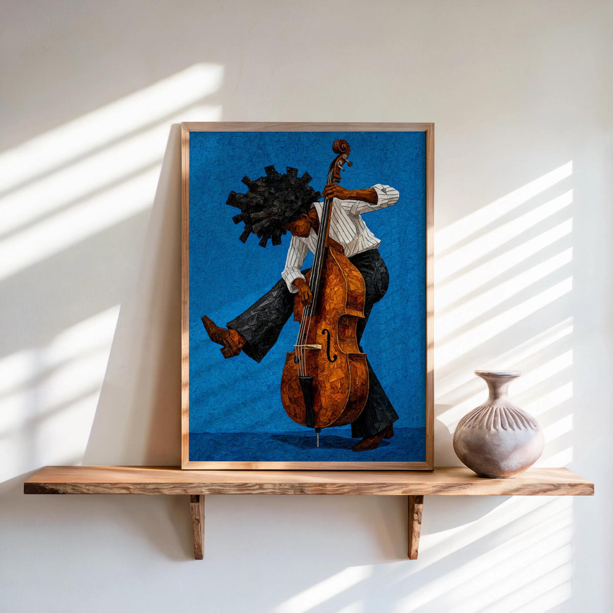 Afrocentric Jazz Bassist Art Print, Black Culture Bass Musician Wall Decor, Modern Mid Century Soul Music Poster, Retro Afro Hair Painting