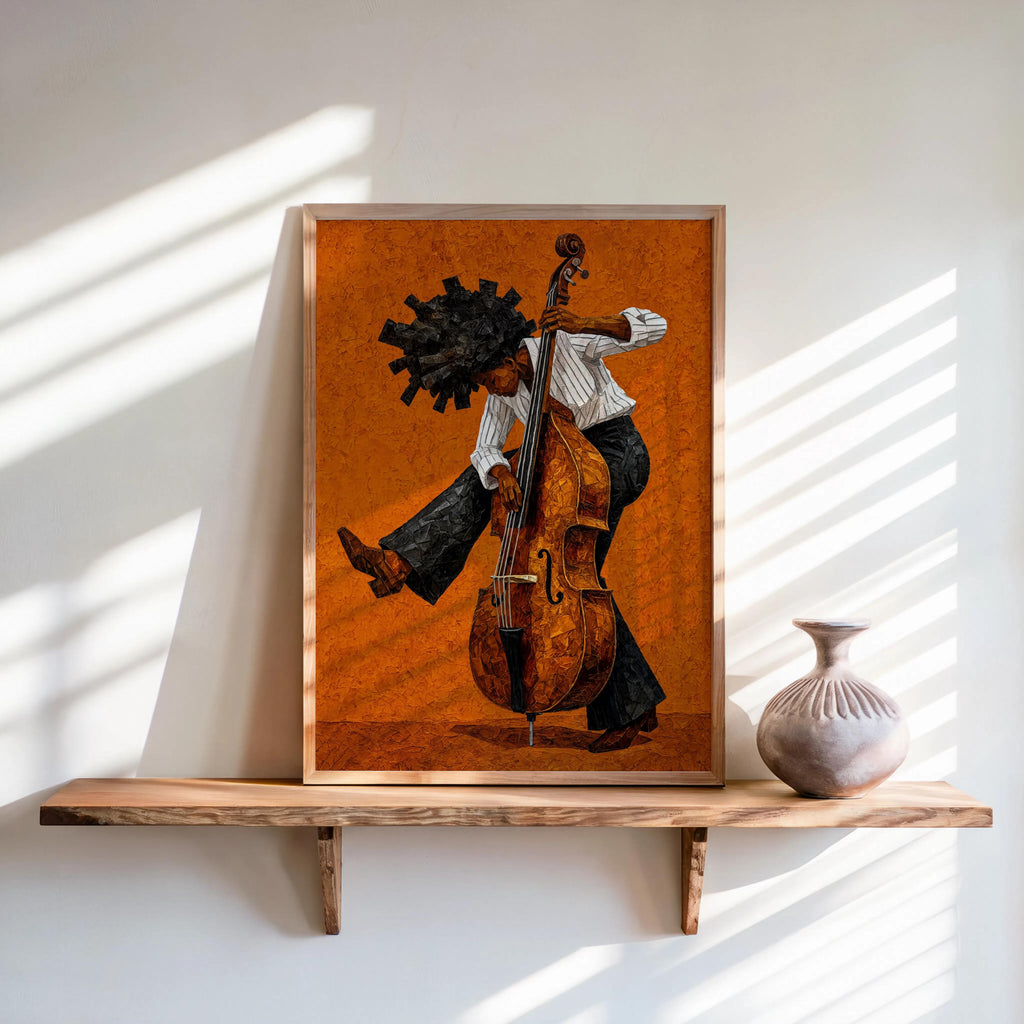 Afrocentric Jazz Bassist Art Print, Black Culture Bass Musician Wall Decor, Modern Mid Century Soul Music Poster, Retro Afro Hair Painting