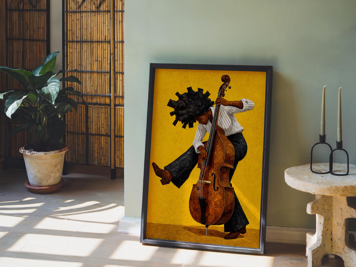 Afrocentric Jazz Bassist Art Print, Black Culture Bass Musician Wall Decor, Modern Mid Century Soul Music Poster, Retro Afro Hair Painting