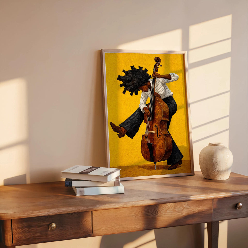 Afrocentric Jazz Bassist Art Print, Black Culture Bass Musician Wall Decor, Modern Mid Century Soul Music Poster, Retro Afro Hair Painting
