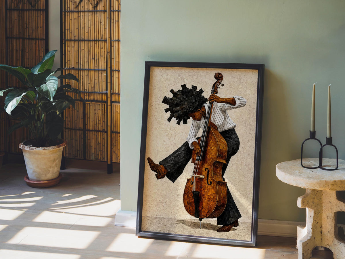 Afrocentric Jazz Bassist Art Print, Black Culture Bass Musician Wall Decor, Modern Mid Century Soul Music Poster, Retro Afro Hair Painting