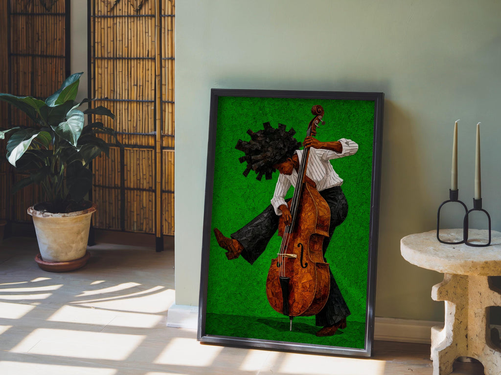 Afrocentric Jazz Bassist Art Print, Black Culture Bass Musician Wall Decor, Modern Mid Century Soul Music Poster, Retro Afro Hair Painting