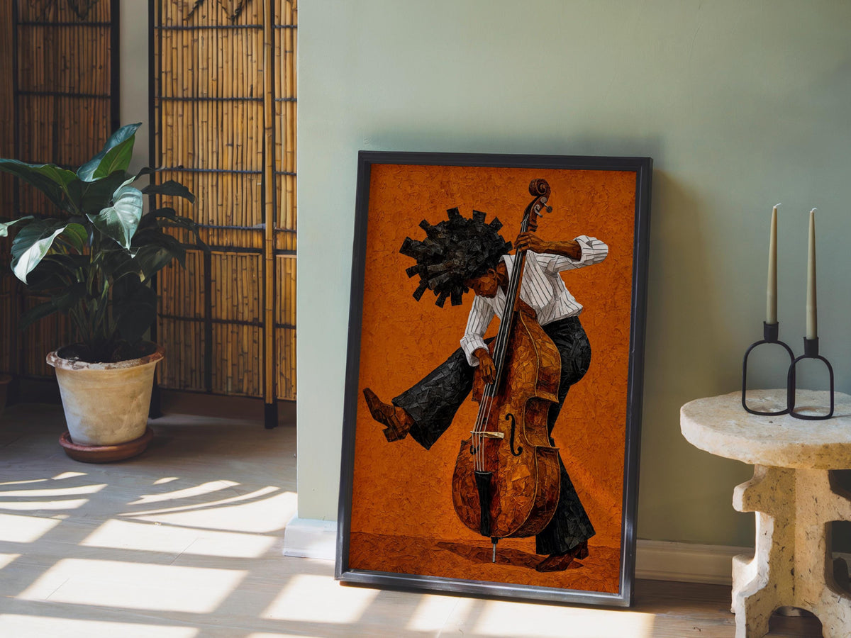 Afrocentric Jazz Bassist Art Print, Black Culture Bass Musician Wall Decor, Modern Mid Century Soul Music Poster, Retro Afro Hair Painting