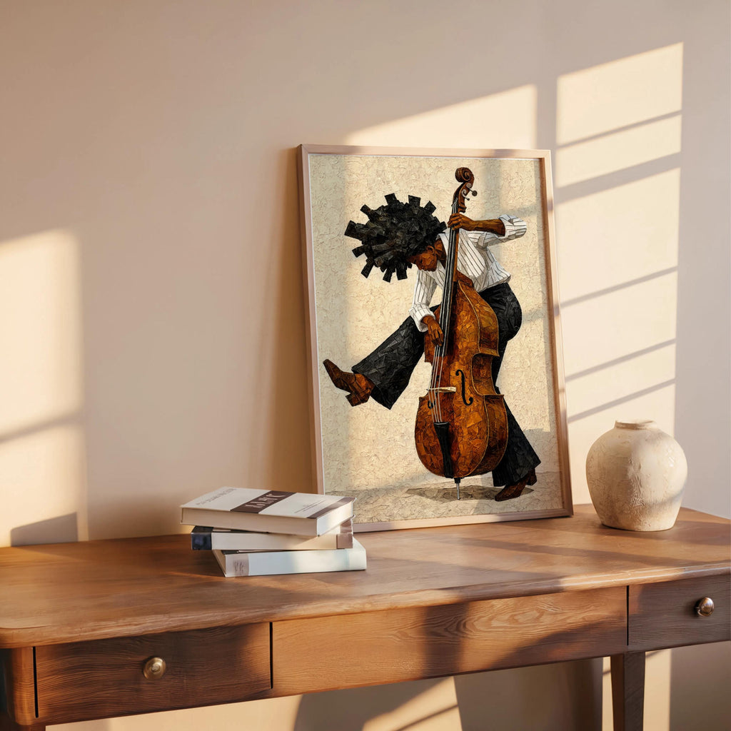 Afrocentric Jazz Bassist Art Print, Black Culture Bass Musician Wall Decor, Modern Mid Century Soul Music Poster, Retro Afro Hair Painting