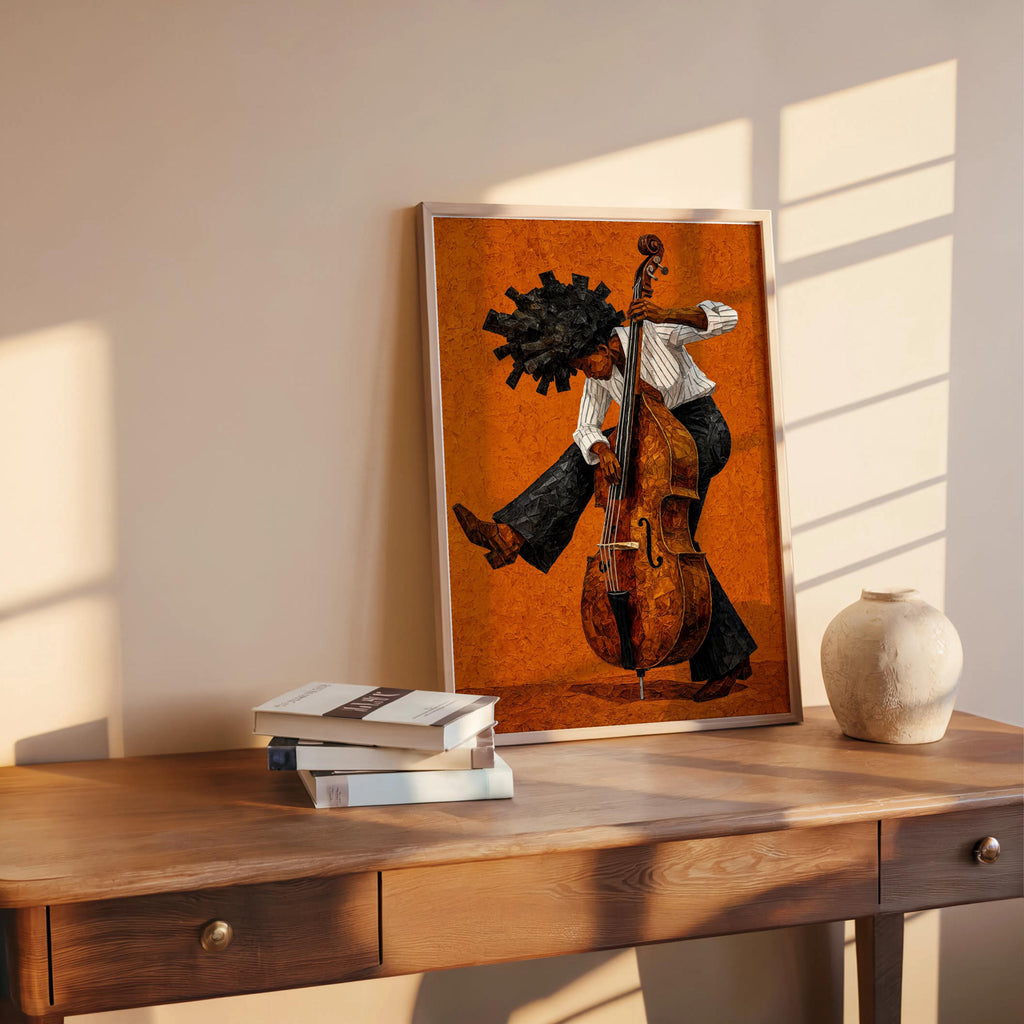 Afrocentric Jazz Bassist Art Print, Black Culture Bass Musician Wall Decor, Modern Mid Century Soul Music Poster, Retro Afro Hair Painting