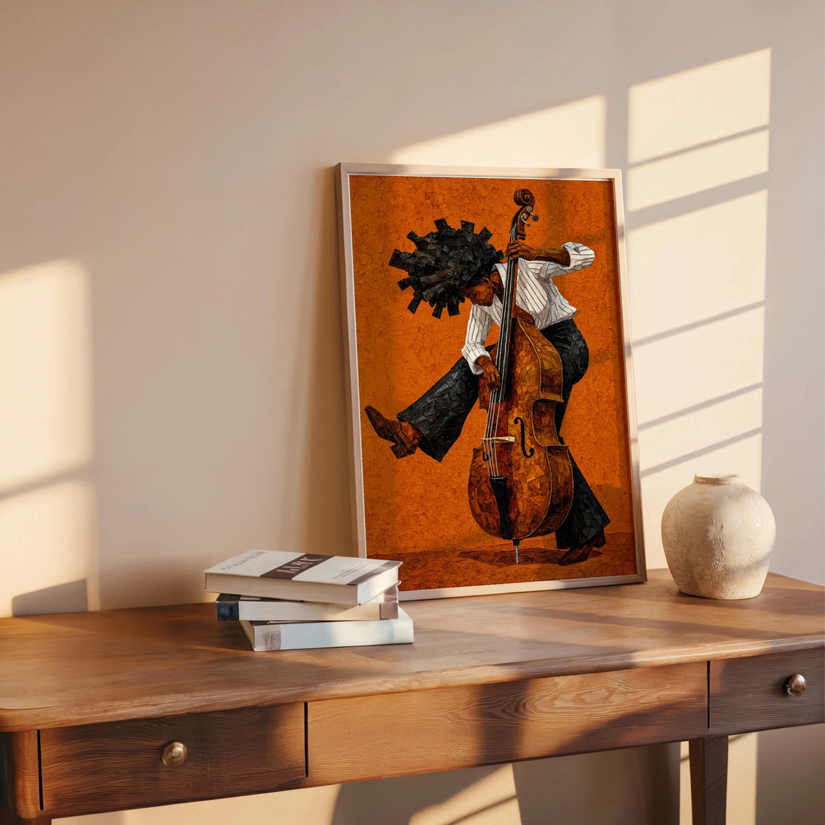 Afrocentric Jazz Bassist Art Print, Black Culture Bass Musician Wall Decor, Modern Mid Century Soul Music Poster, Retro Afro Hair Painting