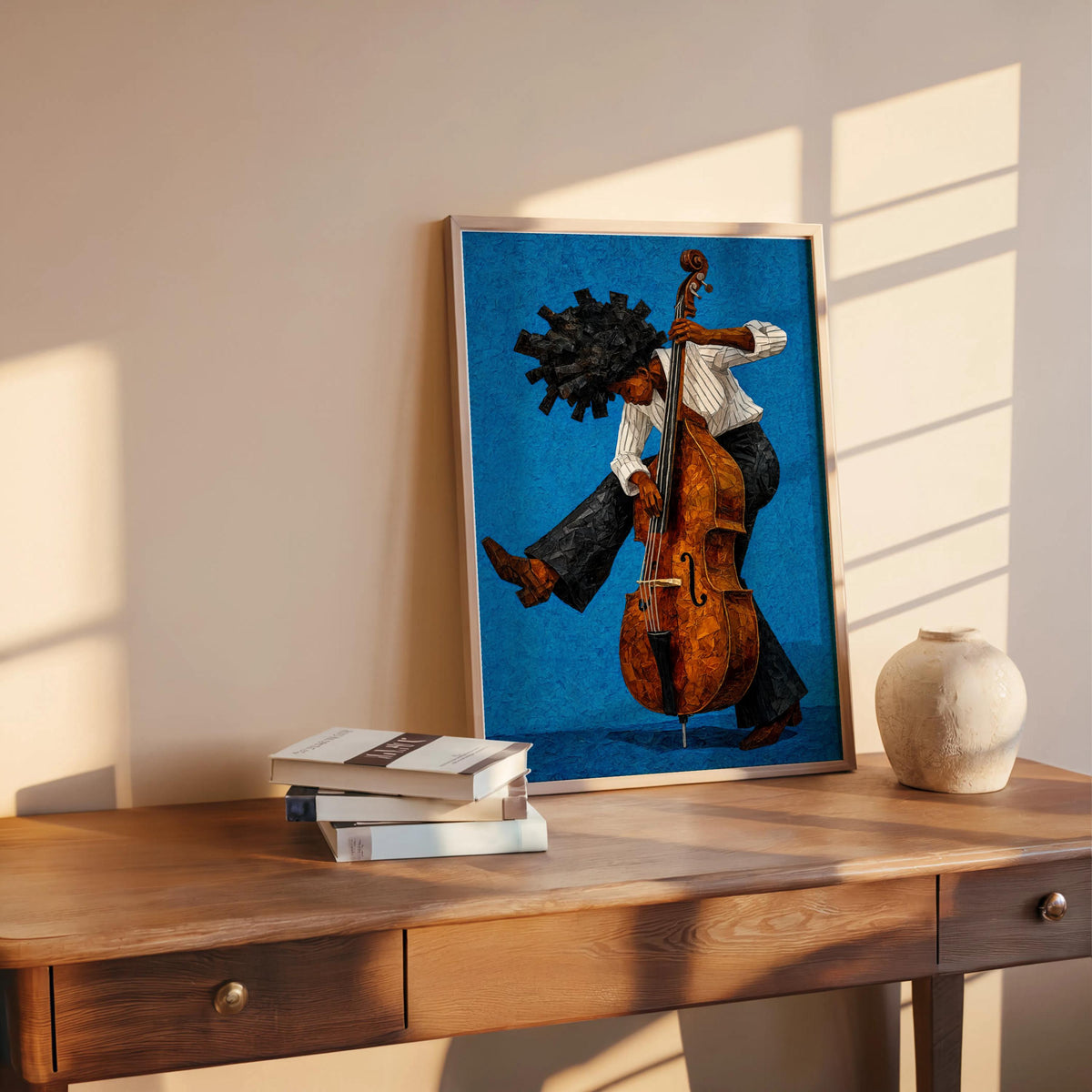 Afrocentric Jazz Bassist Art Print, Black Culture Bass Musician Wall Decor, Modern Mid Century Soul Music Poster, Retro Afro Hair Painting