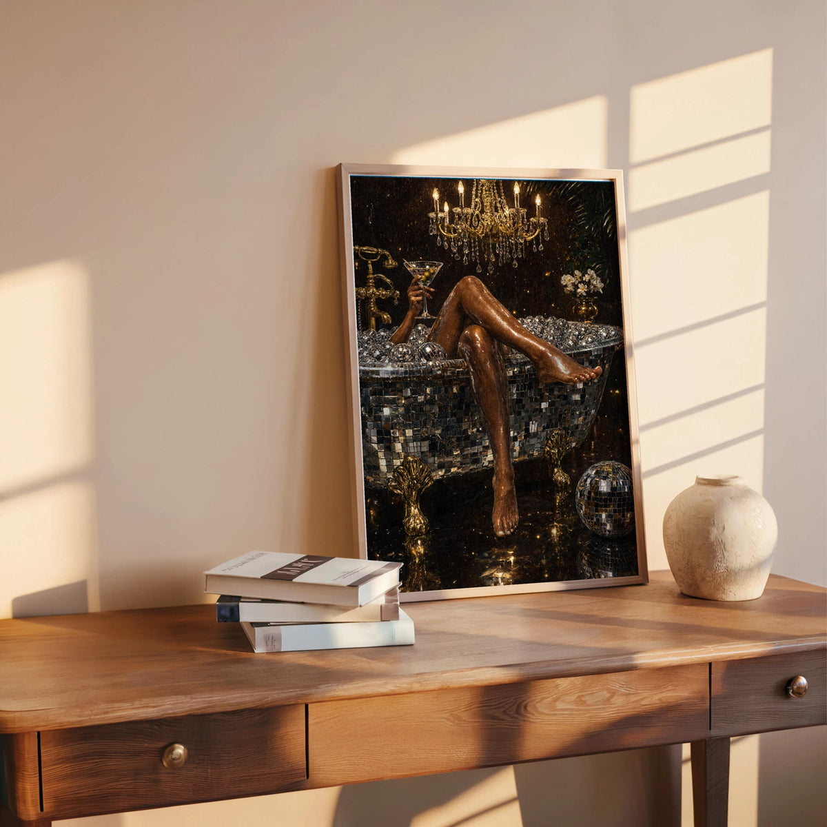 Black and gold disco ball bathtub art print standing on a wooden desk with sunlight and a sculptural orb, luxe bathroom decor