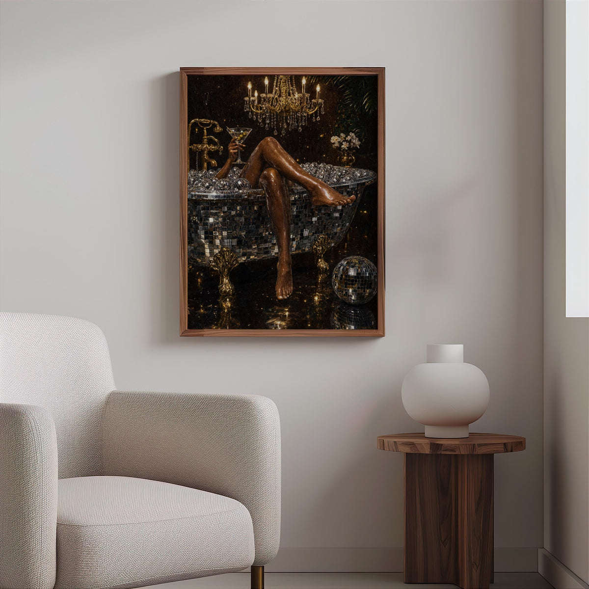 Framed disco ball bathtub art print hung above a boucle chair and side table, Afrocentric art print bringing luxe warmth to the room