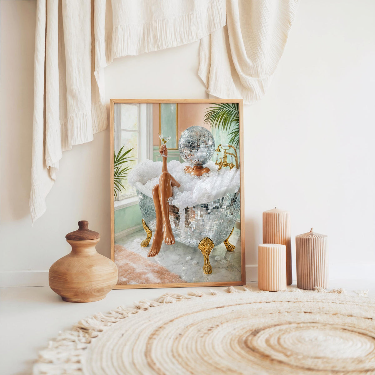 Disco ball bathroom art print in a cozy alcove, draped linen, earthen pottery and textured round rug