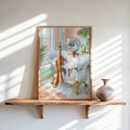 Framed disco ball bathroom art print leaning on sunlit wooden shelf, delicate vase and brass faucet accents