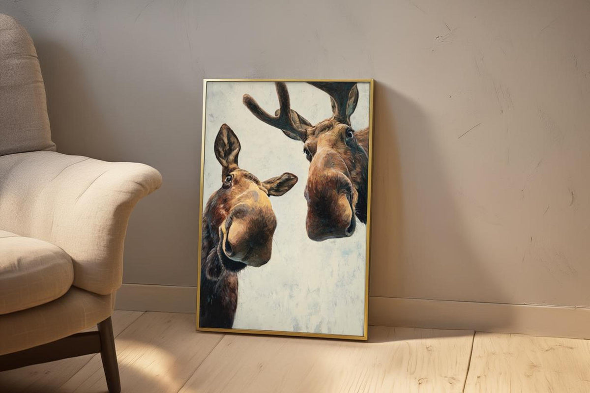 Moose print leaned beside an armchair in a cozy corner, soft shadows and neutral tones, funny moose wall art printable
