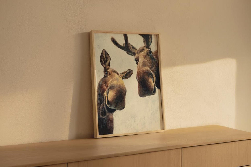 Moose print resting on a wooden ledge, golden light and soft shadow, whimsical moose art, funny moose wall art printable
