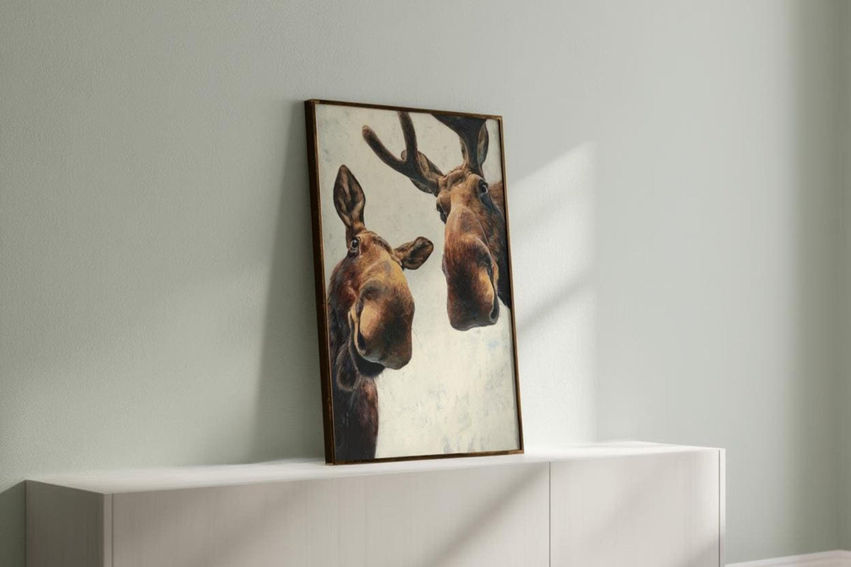 Moose print on a white shelf against a muted green wall, subtle modern farmhouse vibe, cute moose digital download, funny moose wall art printable