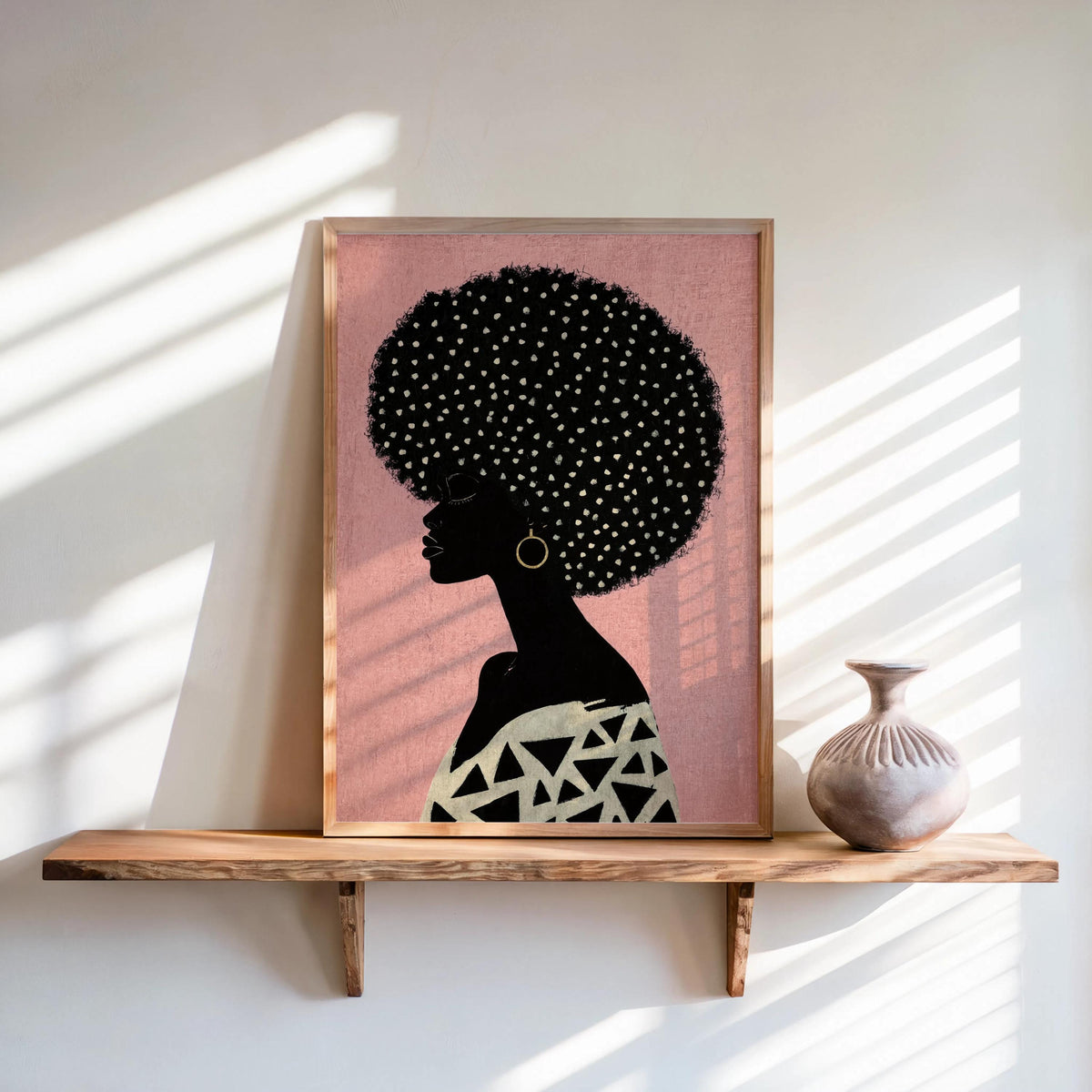 Blush pink art print on a shelf, profile silhouette with delicate white and gold dotted afro, Afrocentric Black woman wall art