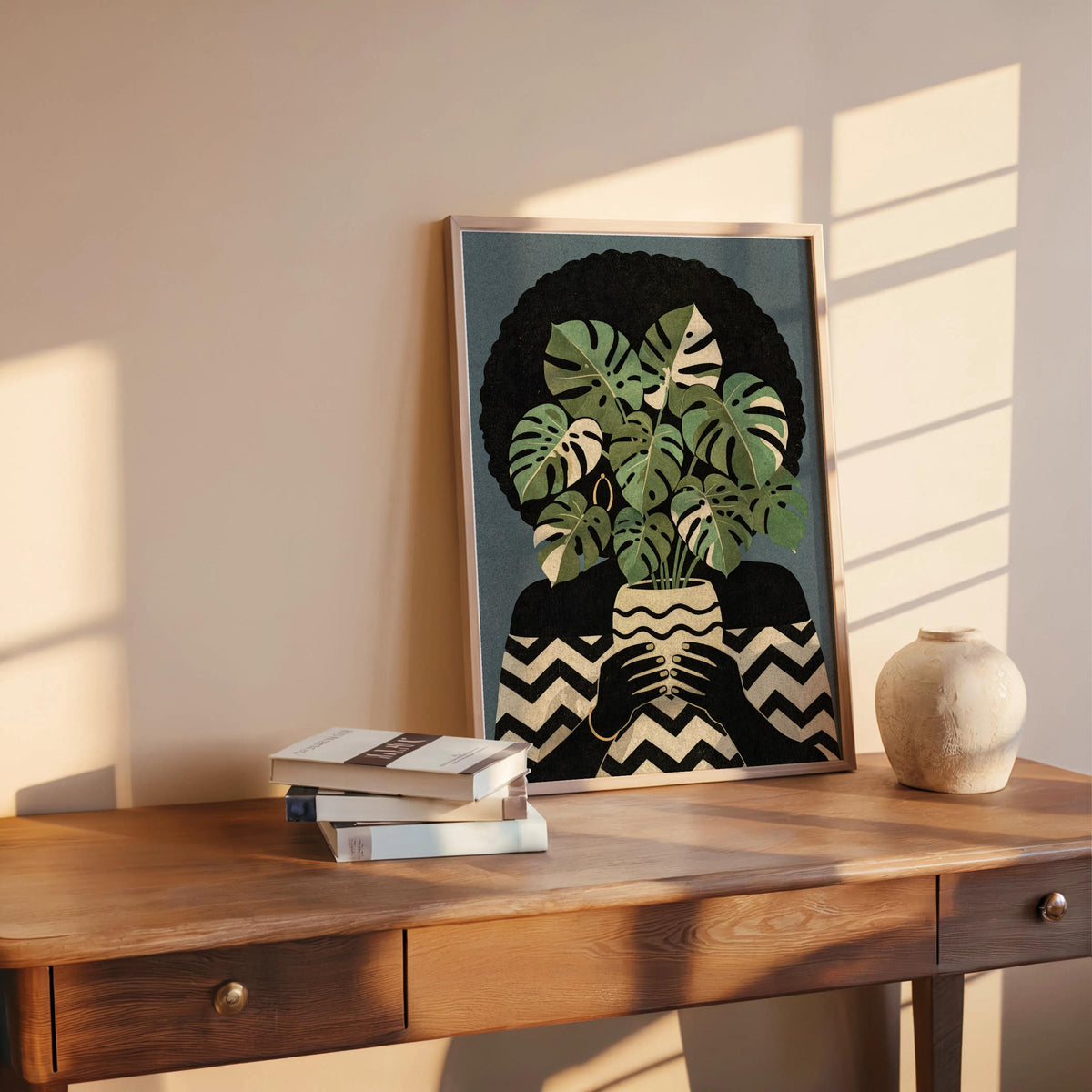 Black Woman Plant Abstract Print, Afrocentric Botanical Wall Art, Modern Monstera Afro Hair Painting, Ethnic African American Culture Decor