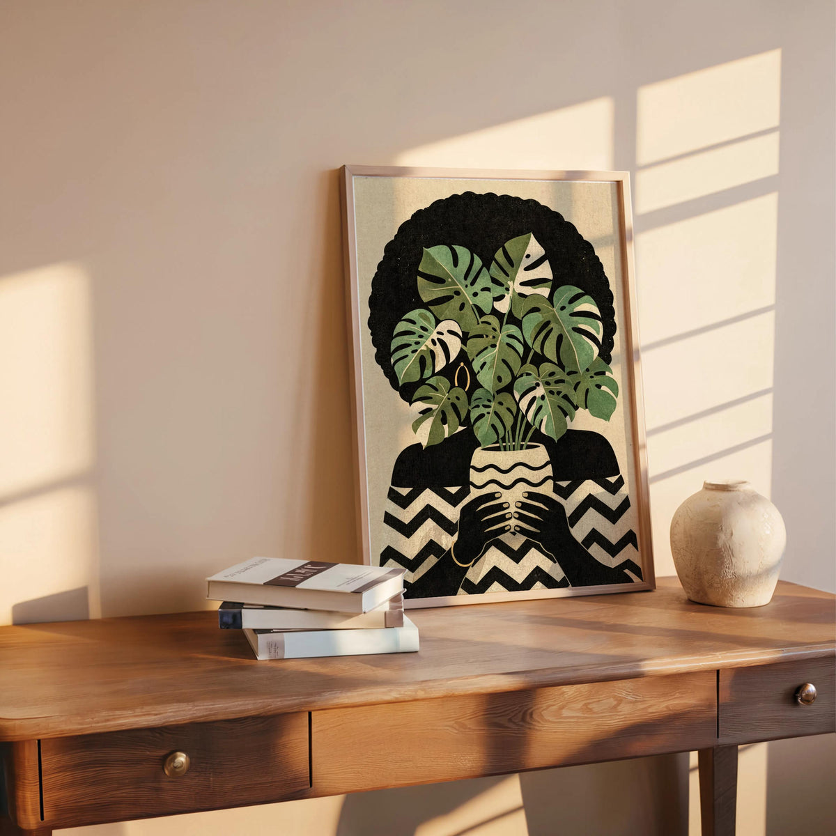 Black Woman Plant Abstract Print, Afrocentric Botanical Wall Art, Modern Monstera Afro Hair Painting, Ethnic African American Culture Decor