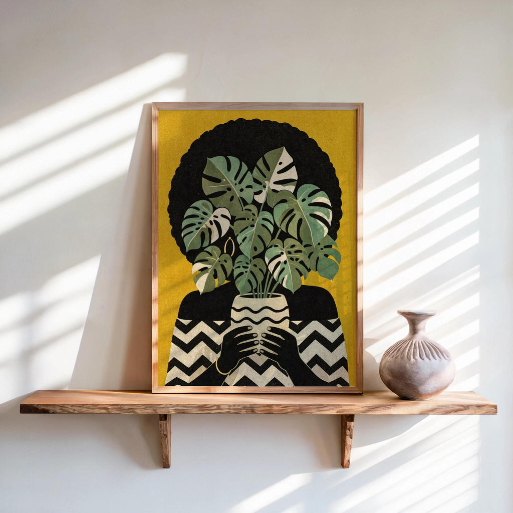 Black Woman Plant Abstract Print, Afrocentric Botanical Wall Art, Modern Monstera Afro Hair Painting, Ethnic African American Culture Decor
