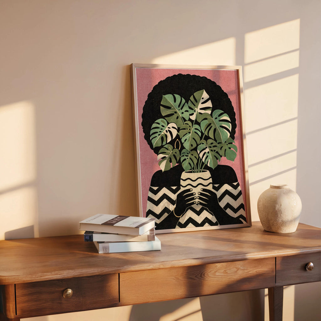 Black Woman Plant Abstract Print, Afrocentric Botanical Wall Art, Modern Monstera Afro Hair Painting, Ethnic African American Culture Decor