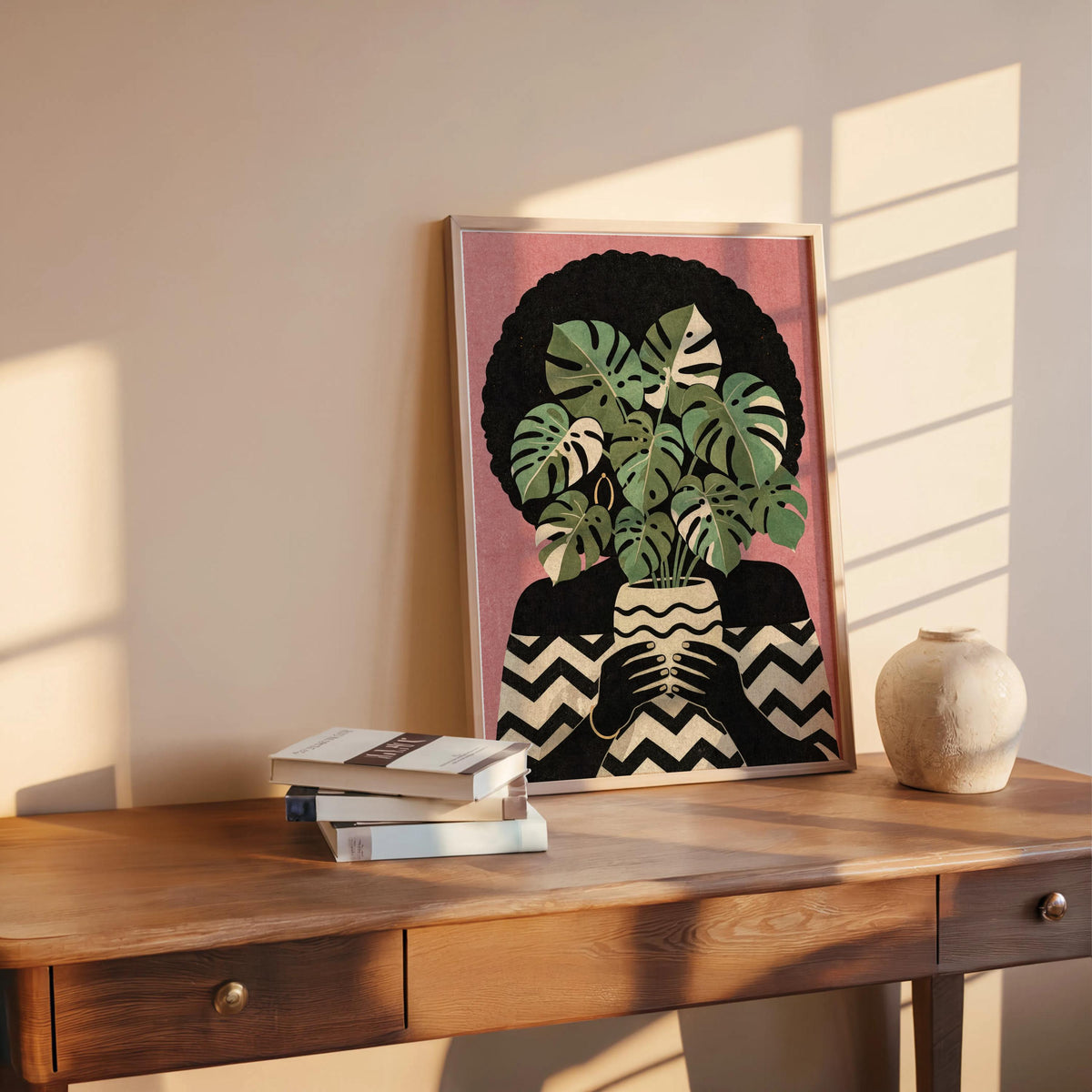 Black Woman Plant Abstract Print, Afrocentric Botanical Wall Art, Modern Monstera Afro Hair Painting, Ethnic African American Culture Decor