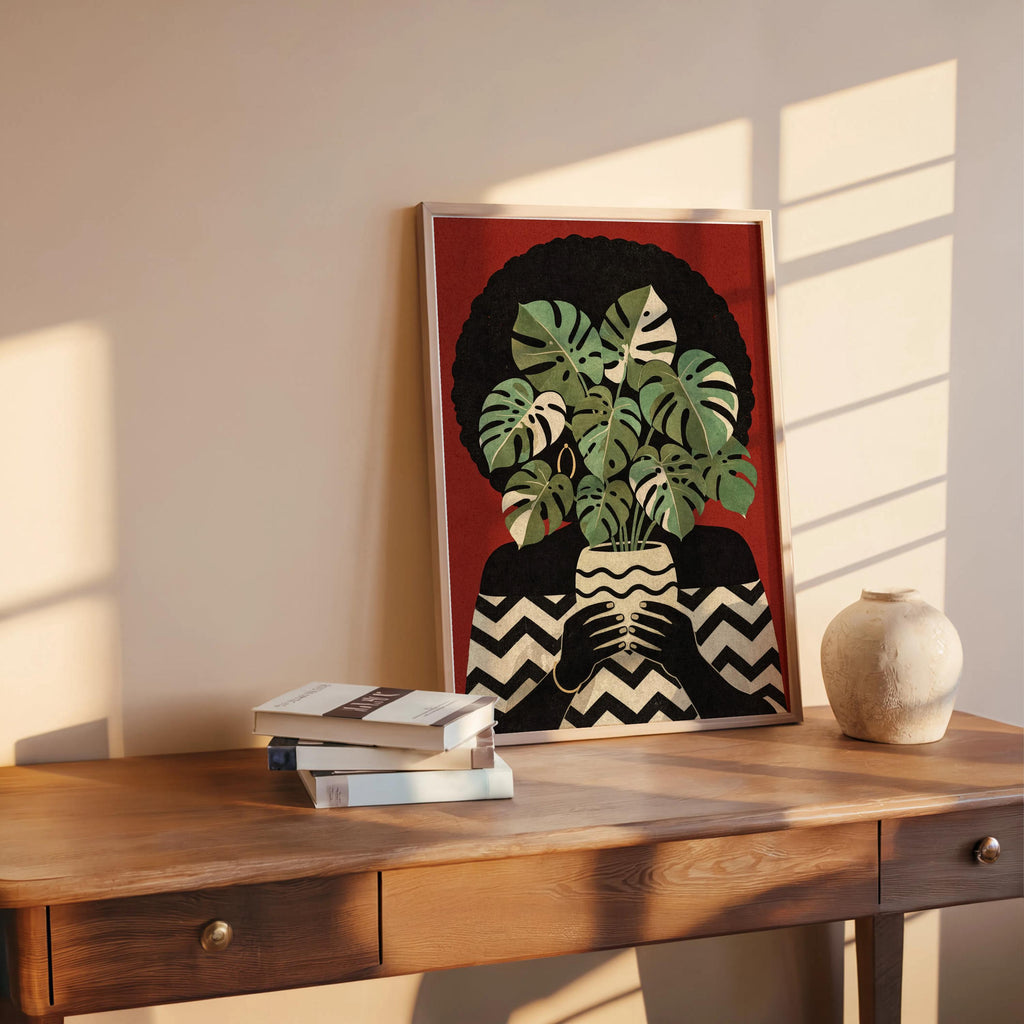 Black Woman Plant Abstract Print, Afrocentric Botanical Wall Art, Modern Monstera Afro Hair Painting, Ethnic African American Culture Decor