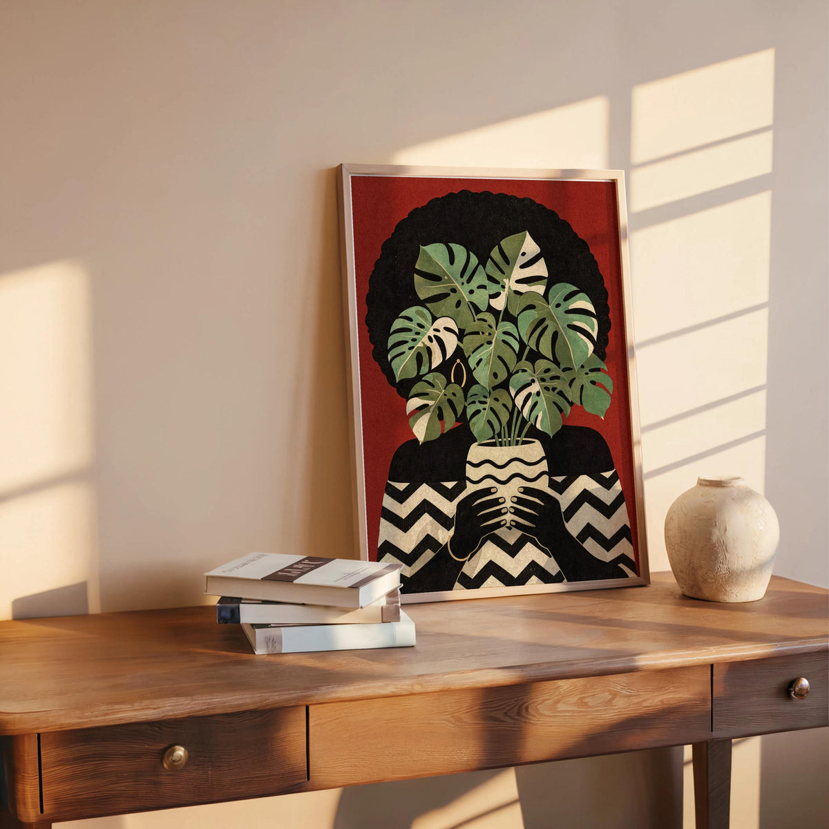 Black Woman Plant Abstract Print, Afrocentric Botanical Wall Art, Modern Monstera Afro Hair Painting, Ethnic African American Culture Decor