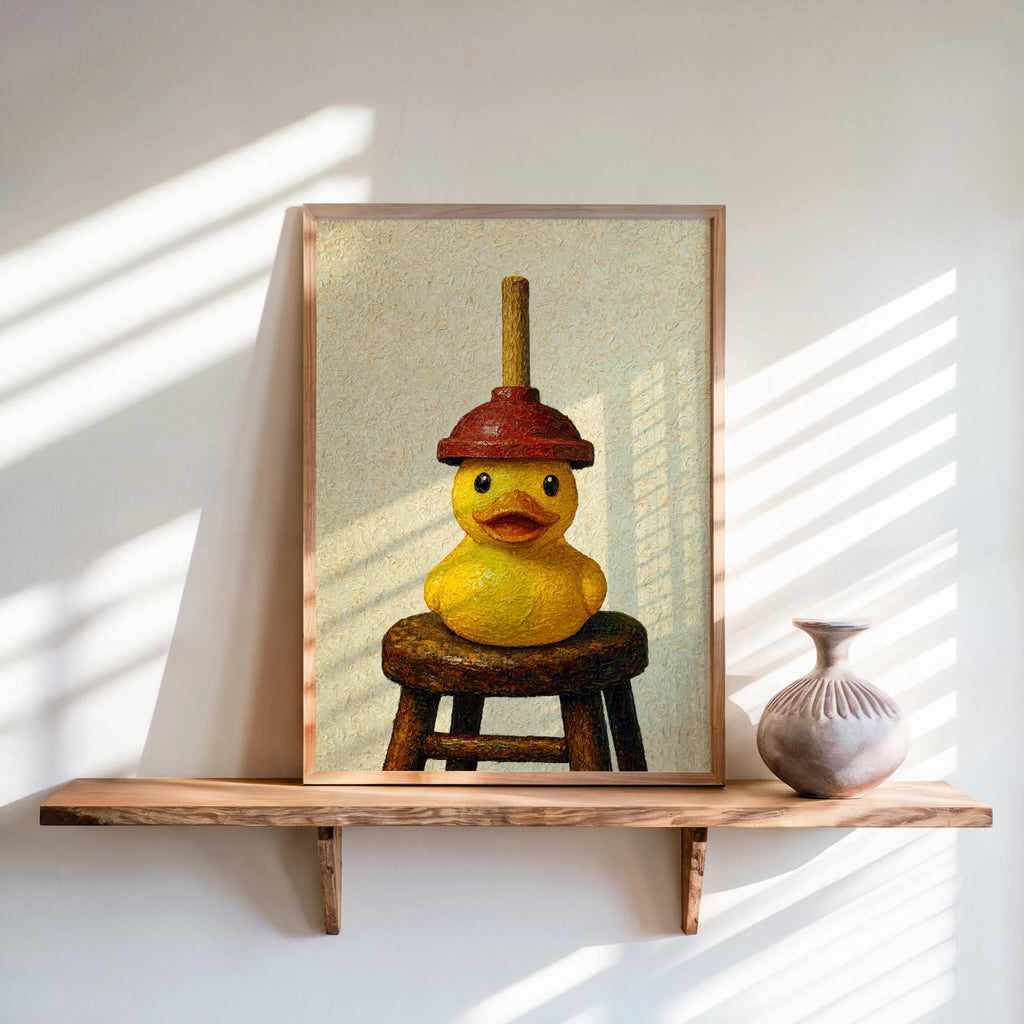 Cream-toned funny rubber duck wall art on shelf, textured impasto style, yellow duck print charm.