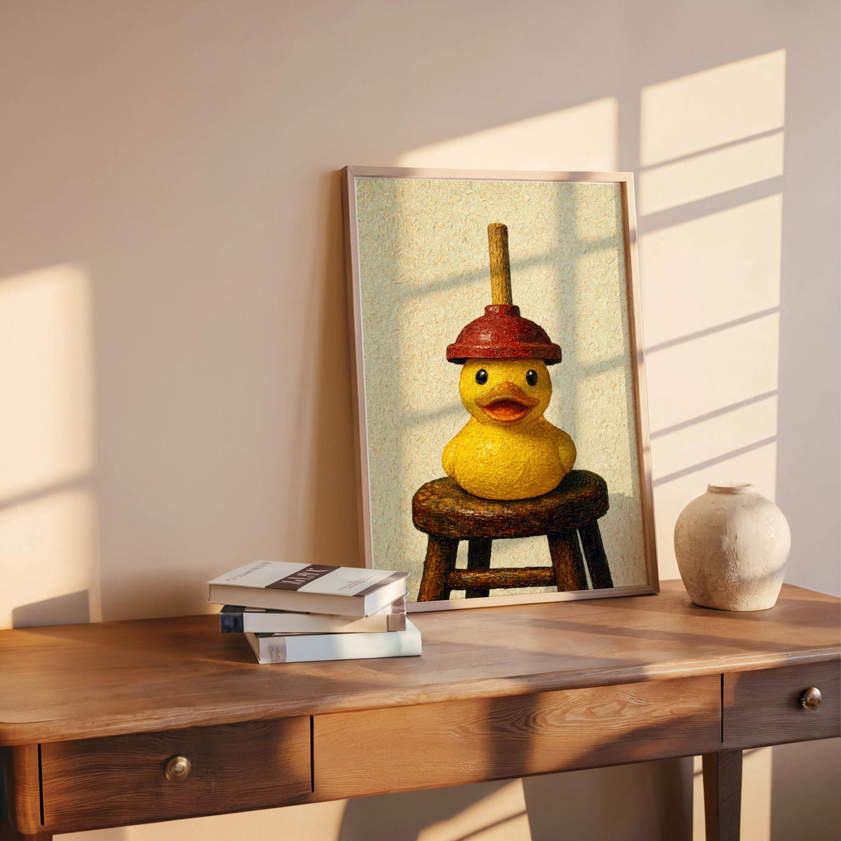 Funny rubber duck wall art styled on wood desk with books and vase, yellow duck print, powder room humor.
