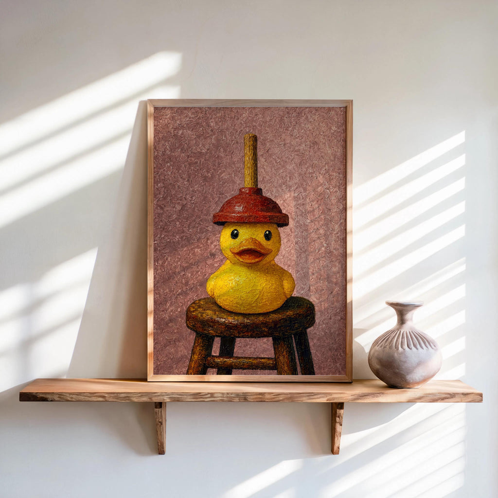 Pink-toned funny rubber duck wall art perched on rustic stool, playful vintage duck painting vibe.