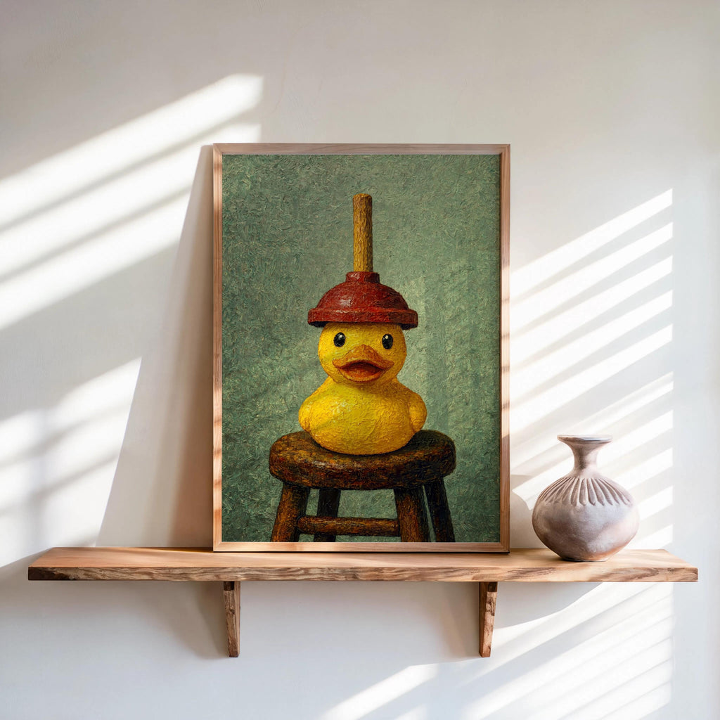 Green-background funny rubber duck wall art on rustic shelf, impasto texture, vintage duck painting.