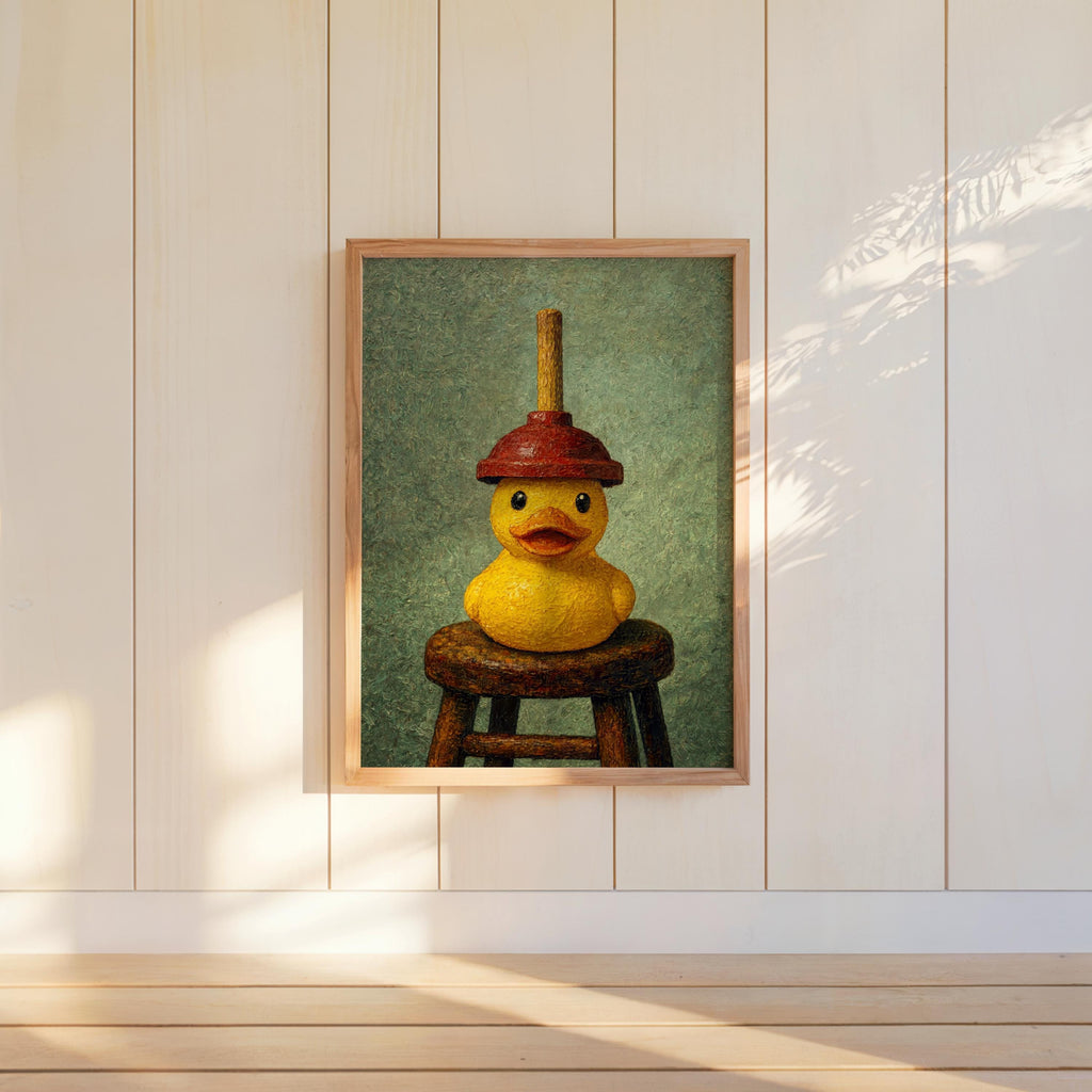 Small framed rubber duck bathroom art with green backdrop, playful yellow duck print, funny housewarming gift.