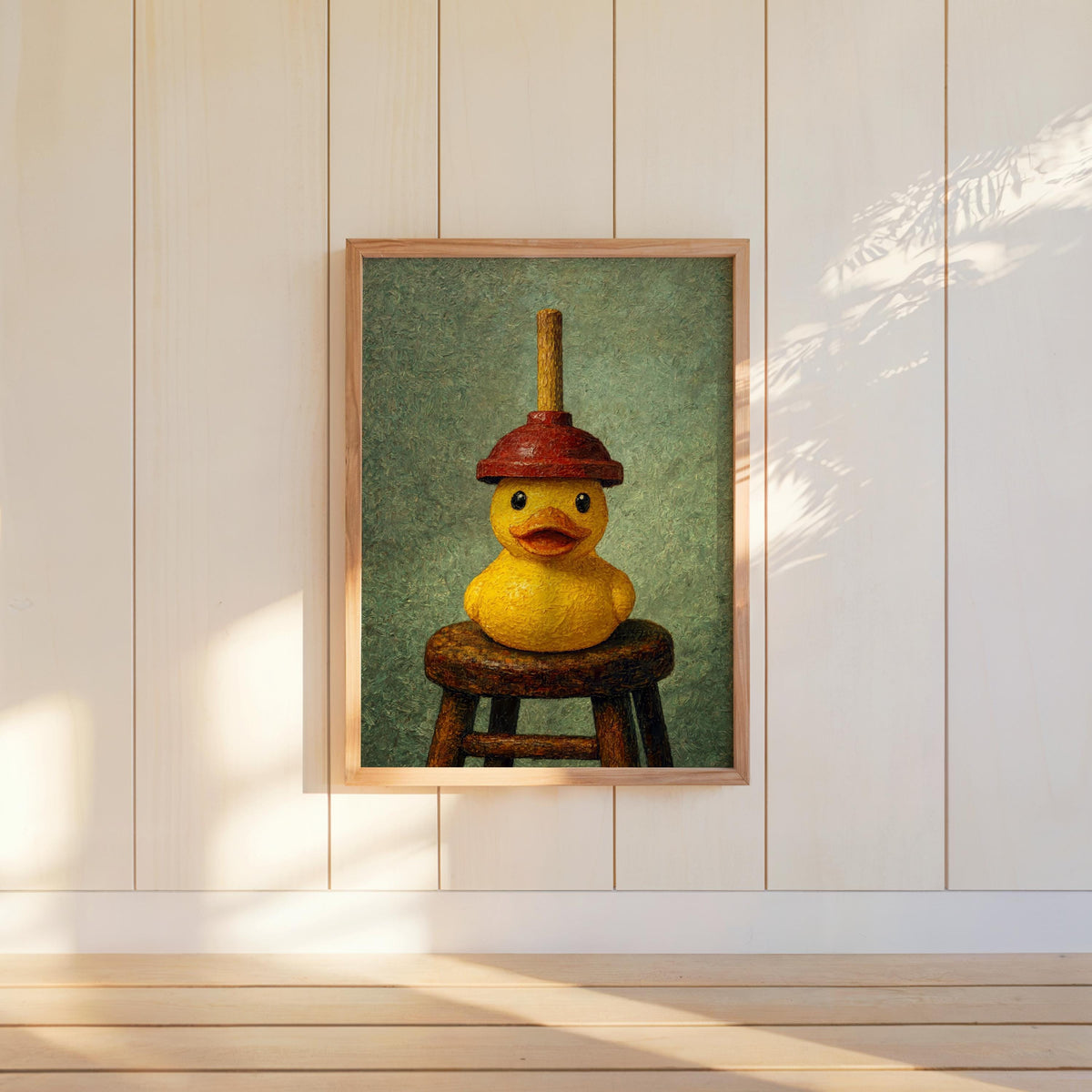 Small framed rubber duck bathroom art with green backdrop, playful yellow duck print, funny housewarming gift.