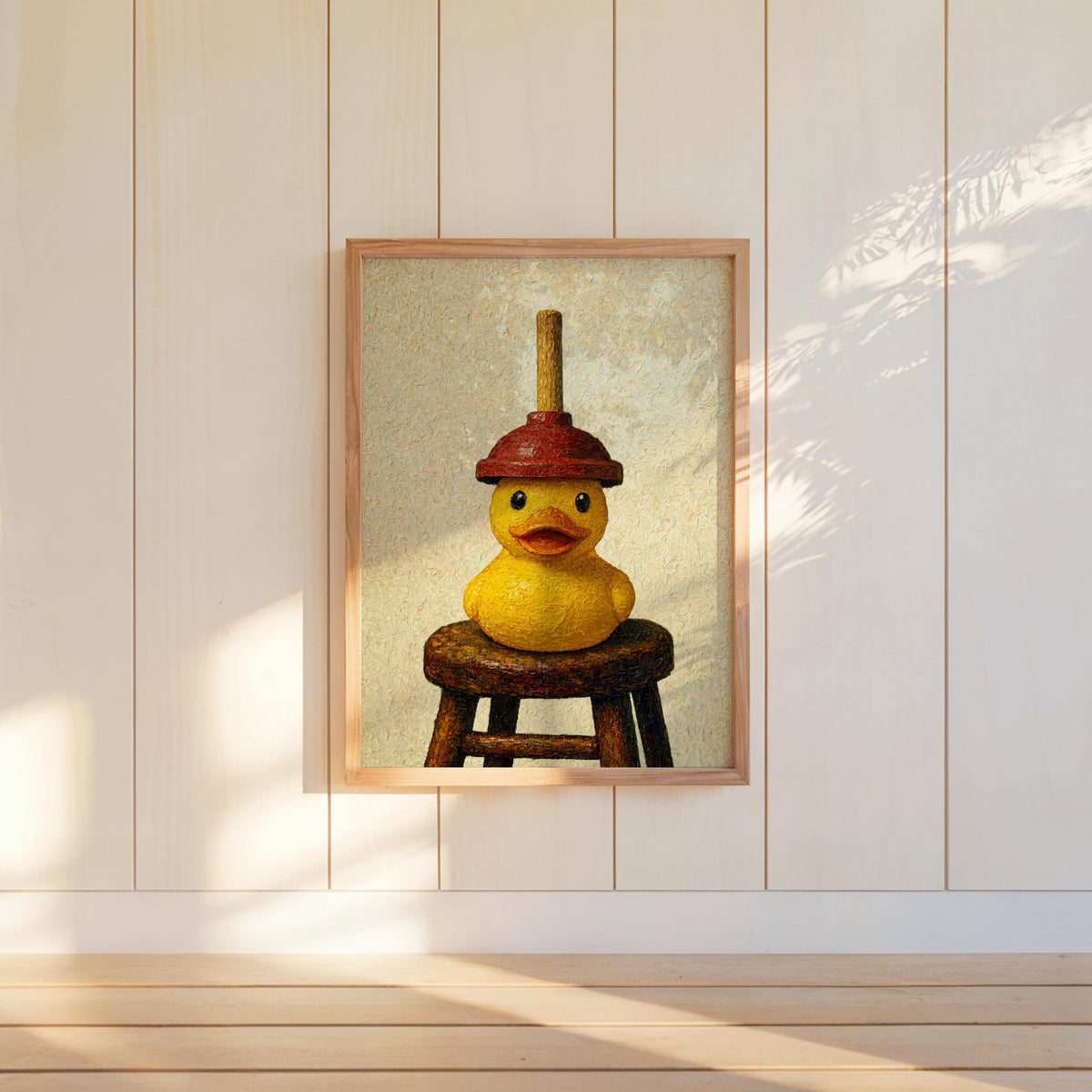 Small framed funny rubber duck wall art on shiplap, cream backdrop, guest bathroom decor suggestion.
