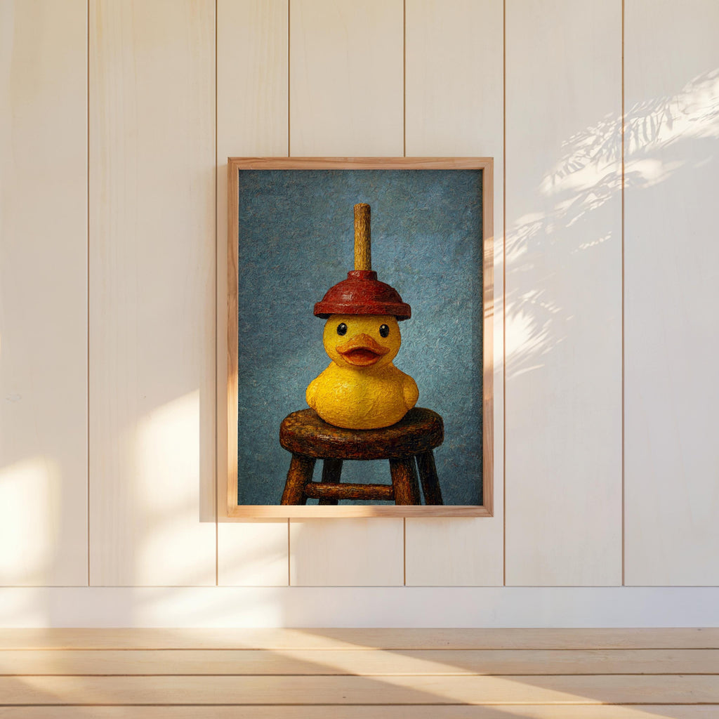 Small framed funny bathroom wall art with blue backdrop, impasto yellow duck, charming guest bathroom decor.