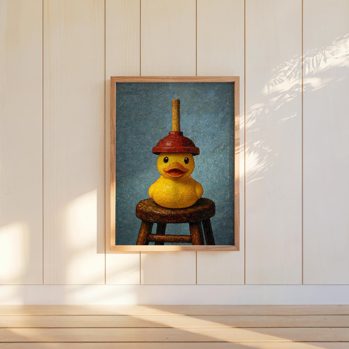 Small framed funny bathroom wall art with blue backdrop, impasto yellow duck, charming guest bathroom decor.