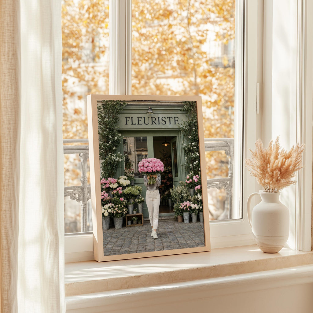 Woman with Pink Peony Bouquet Wall Art, Flower Shop in Paris Print, Floral Feminine Decor, Chic European Street Photography, French Market