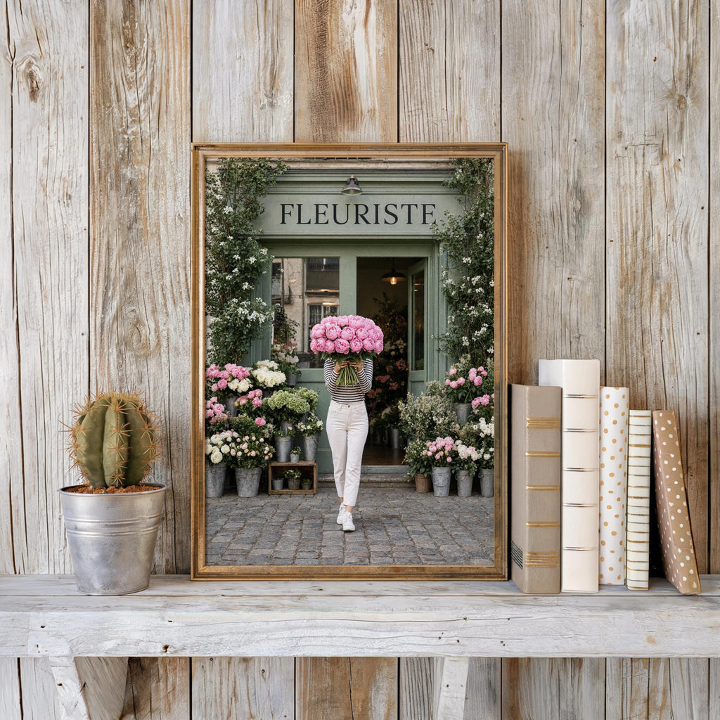 Woman with Pink Peony Bouquet Wall Art, Flower Shop in Paris Print, Floral Feminine Decor, Chic European Street Photography, French Market
