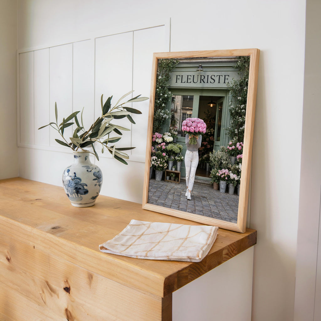 Woman with Pink Peony Bouquet Wall Art, Flower Shop in Paris Print, Floral Feminine Decor, Chic European Street Photography, French Market