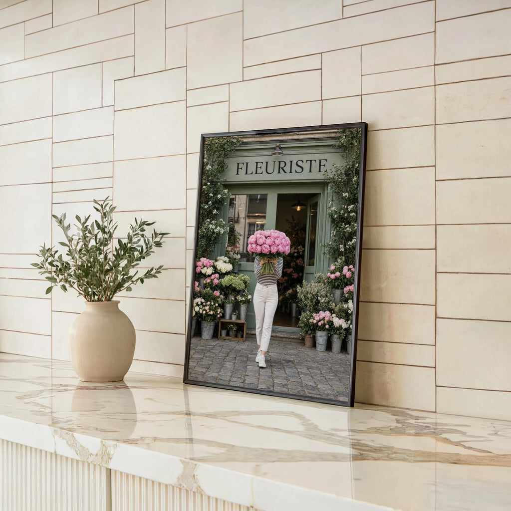 Woman with Pink Peony Bouquet Wall Art, Flower Shop in Paris Print, Floral Feminine Decor, Chic European Street Photography, French Market