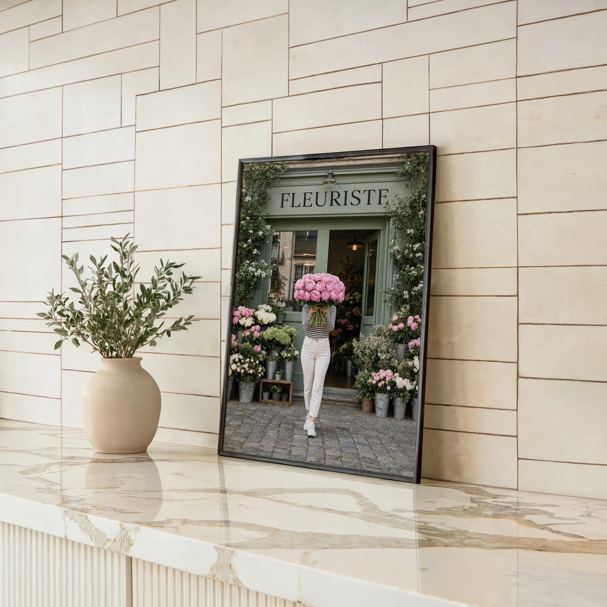 Woman with Pink Peony Bouquet Wall Art, Flower Shop in Paris Print, Floral Feminine Decor, Chic European Street Photography, French Market