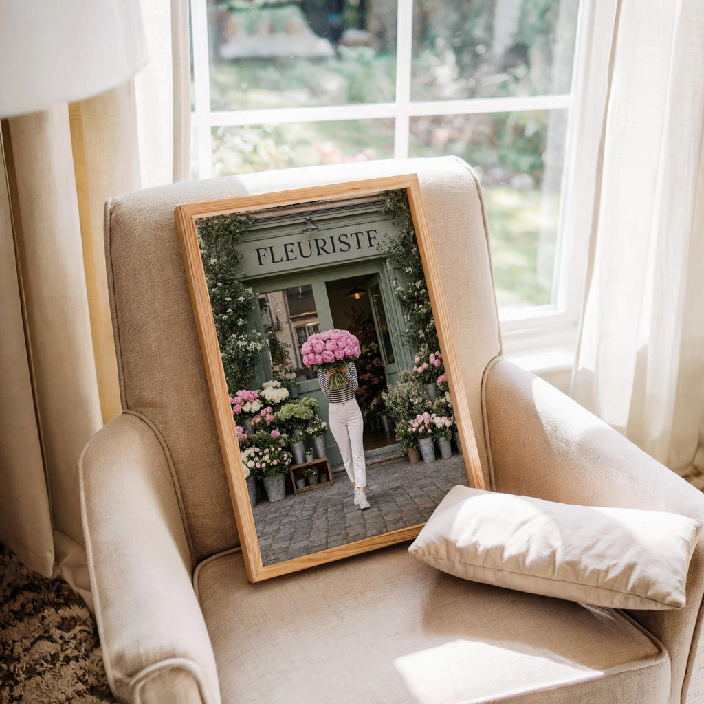Woman with Pink Peony Bouquet Wall Art, Flower Shop in Paris Print, Floral Feminine Decor, Chic European Street Photography, French Market